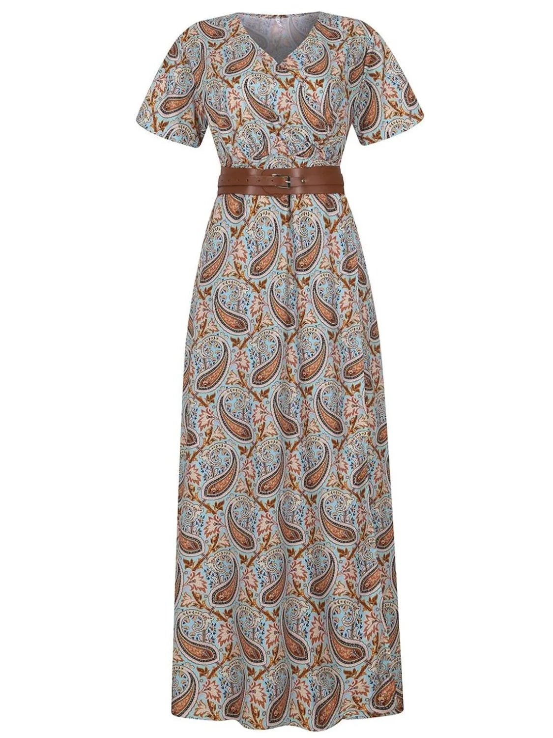 Full Size Printed V-Neck Short Sleeve Maxi Dress Plus Size - adritiX