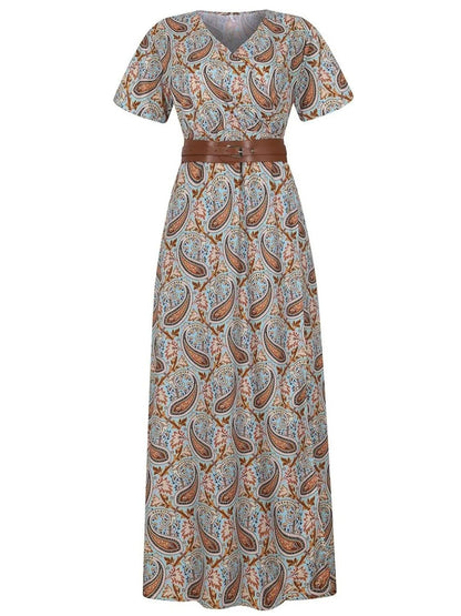 Full Size Printed V-Neck Short Sleeve Maxi Dress Plus Size - adritiX
