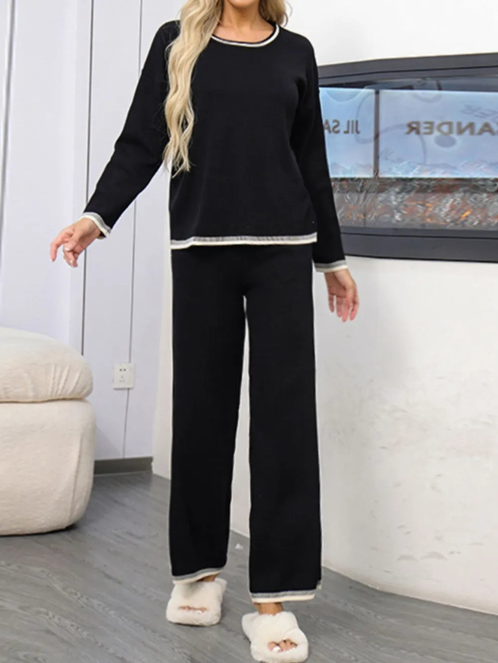 Elegant Contrast Trim Round Neck Top and Pants Sweater Set - adritiX