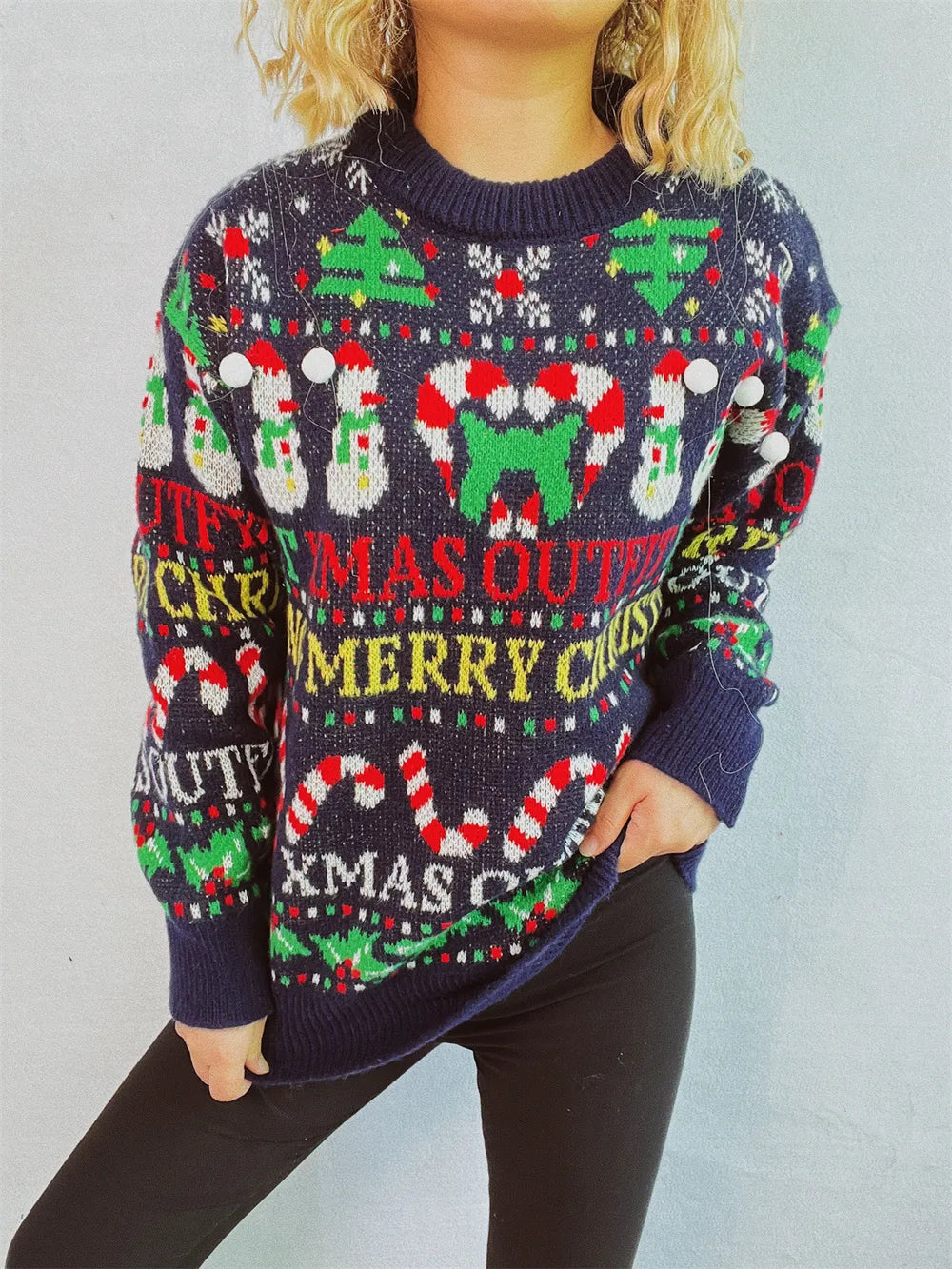 Christmas Pattern Round Neck Long Sleeve Sweater - adritiX