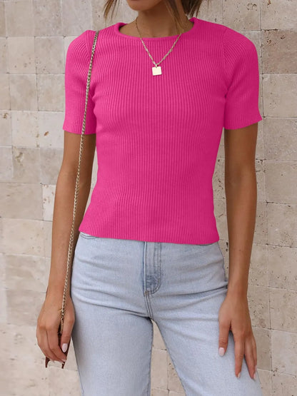 Round Neck Short Sleeve Knit Top - adritiX