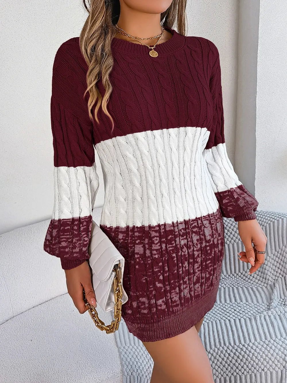 Cable-Knit Round Neck Color Block Sweater Dress - adritiX