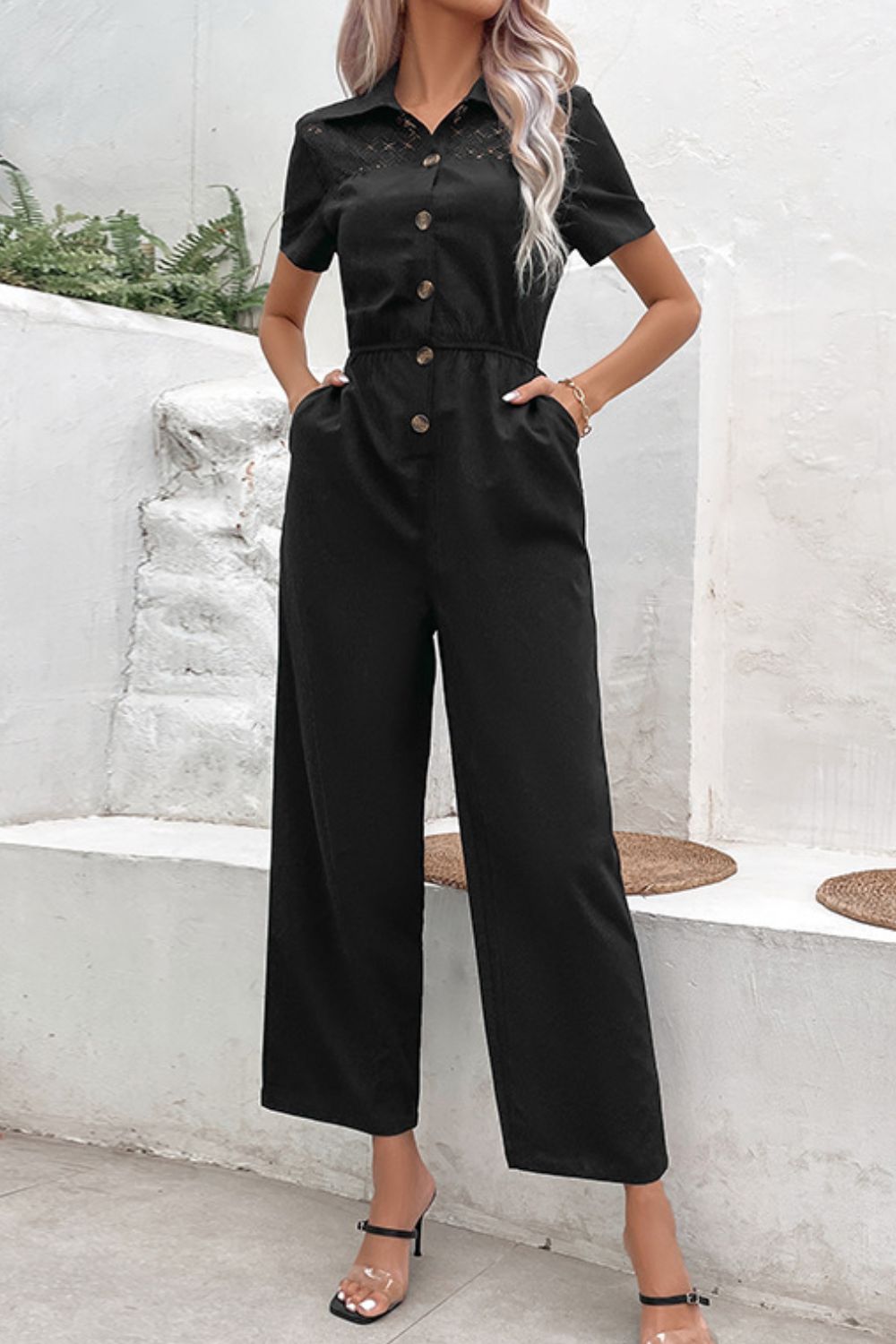 Elegant Perfee Collared Neck Short Sleeve Jumpsuit - adritiX