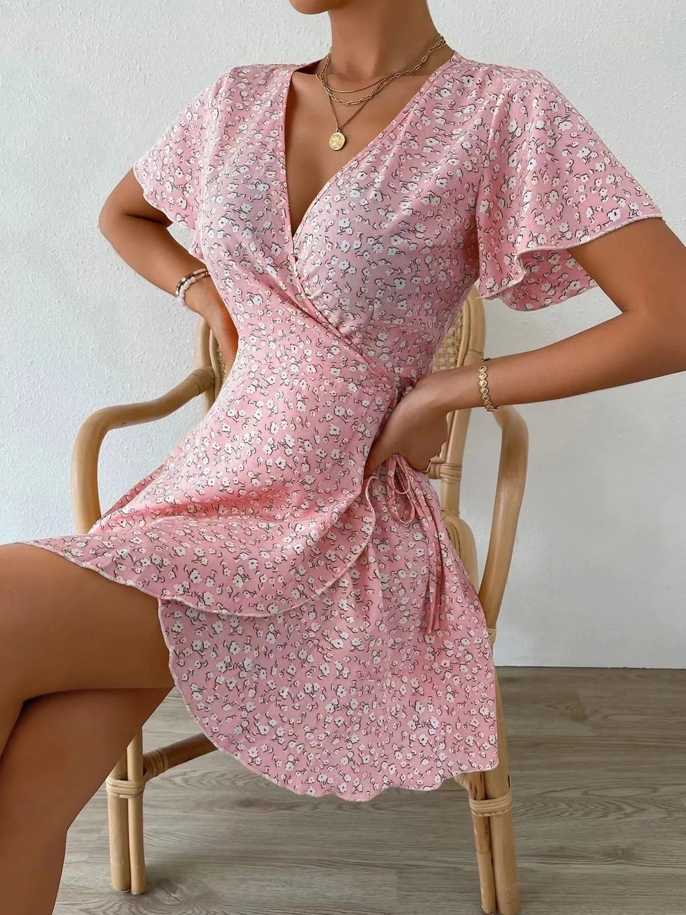 Floral Flutter Sleeve Wrap Mini Dress - adritiX