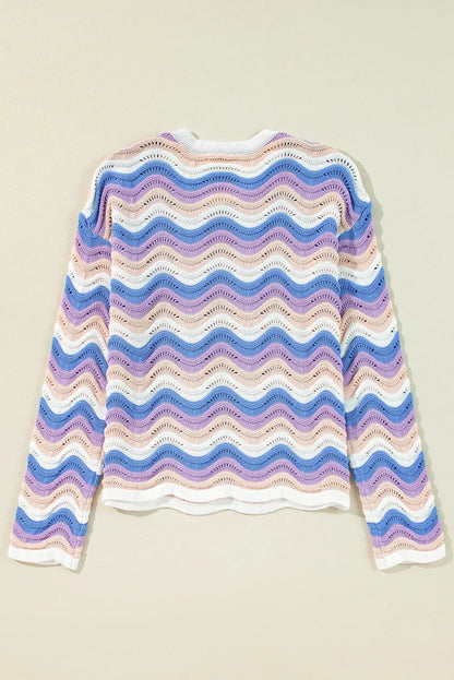 Contrast Wave Stripe Long Sleeve Sweater - adritiX