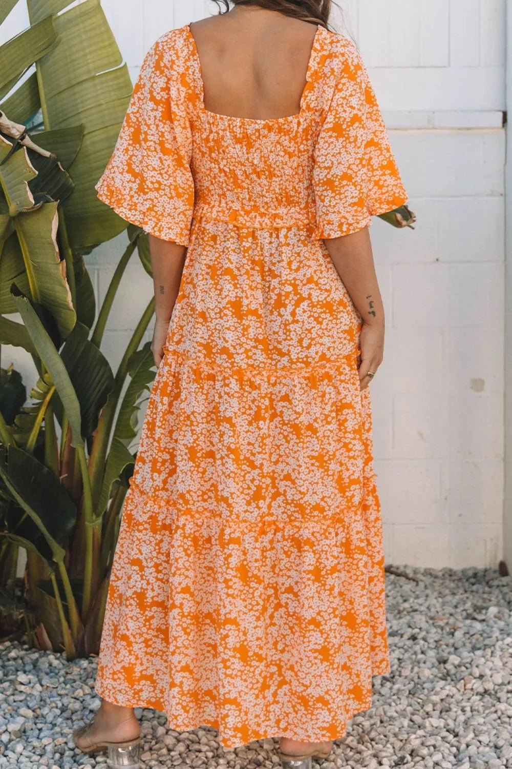 Floral Print Smocked V Neck Wide Sleeve Maxi Dress - adritiX