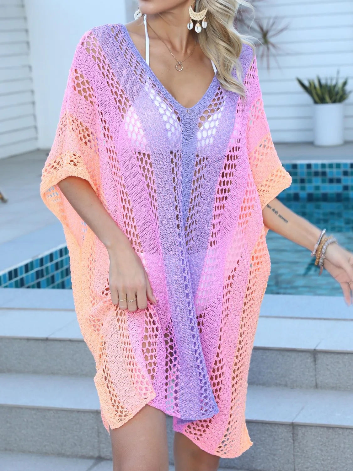 Rainbow Gradient Crochet Beach Cover Up - adritiX