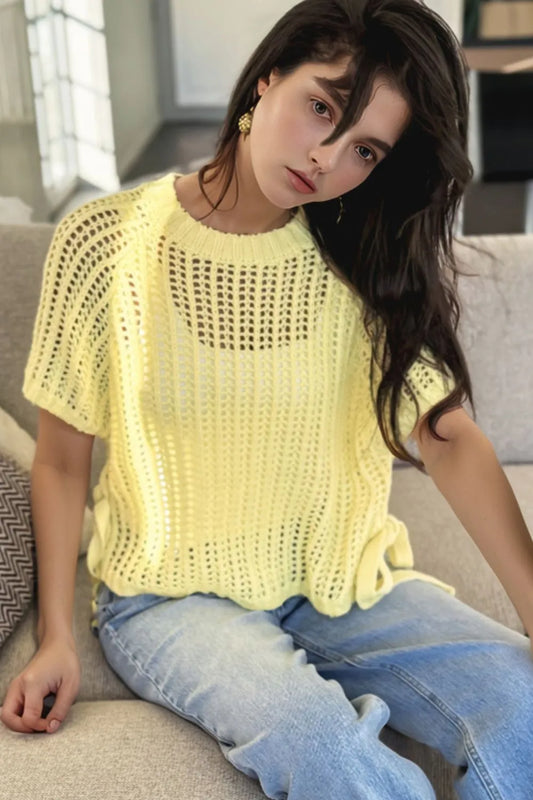 Hollow-out Crochet Side Tied Short Sleeve Knit Cover Up - adritiX