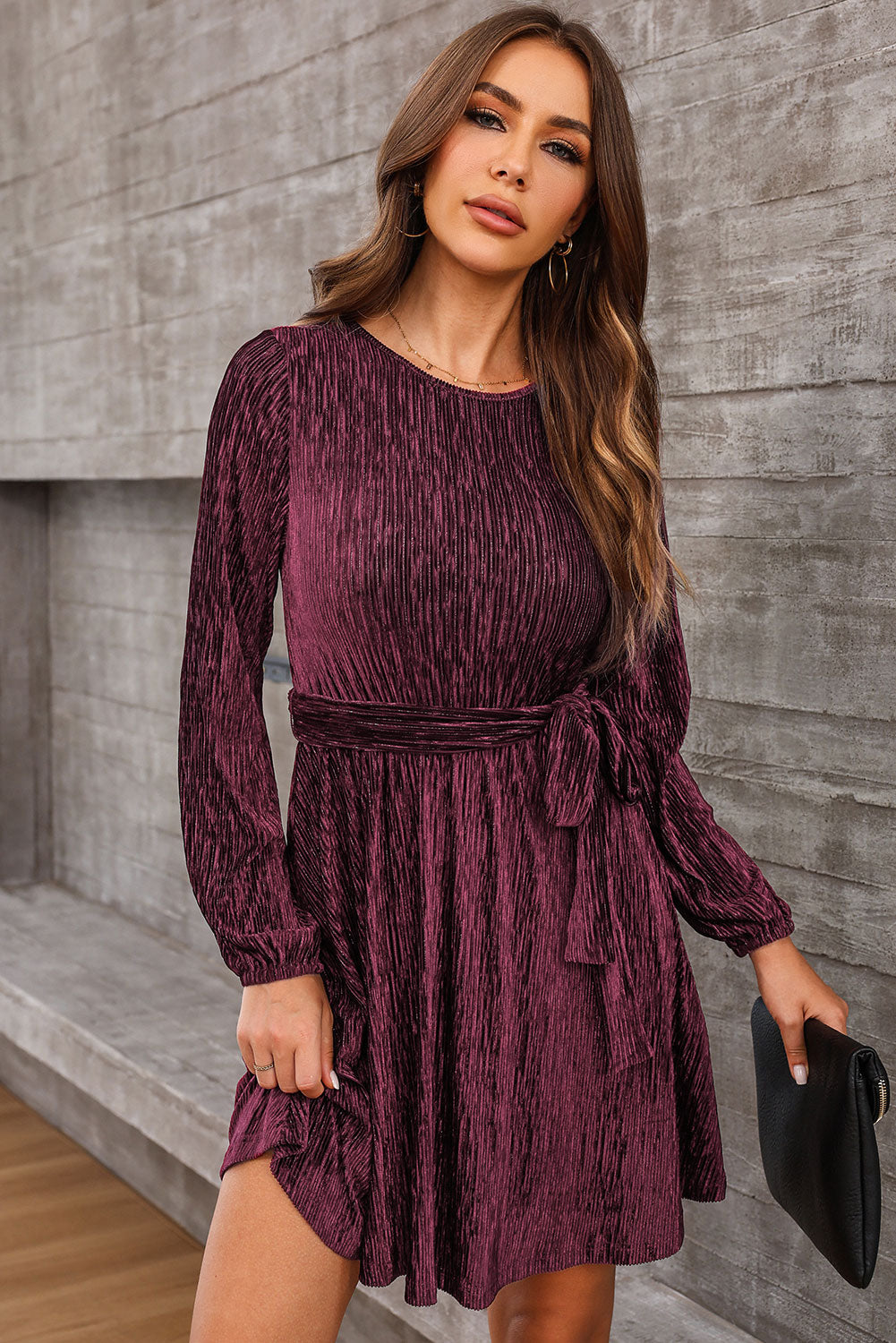 Elegant Round Neck Tie Front Long Sleeve Dress - adritiX