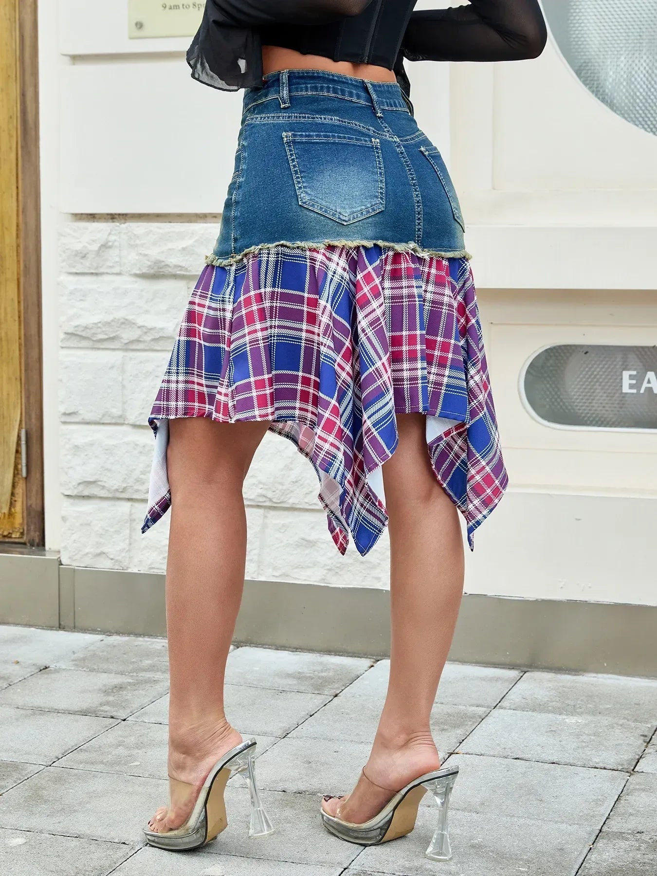 Asymmetric Plaid Hem Denim Skirt - adritiX