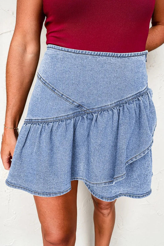 Asymmetric Ruffle Overlay Denim Mini Skirt - adritiX