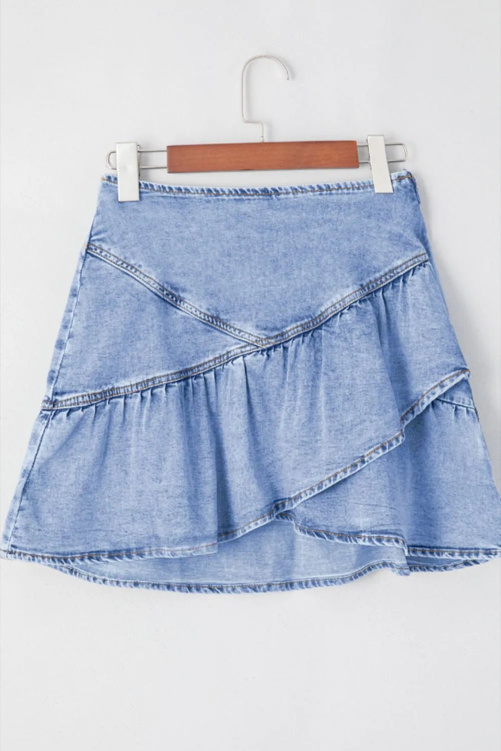 Asymmetric Ruffle Overlay Denim Mini Skirt - adritiX