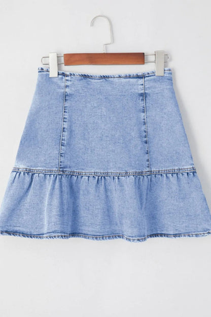 Asymmetric Ruffle Overlay Denim Mini Skirt - adritiX