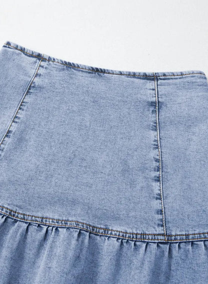 Asymmetric Ruffle Overlay Denim Mini Skirt - adritiX