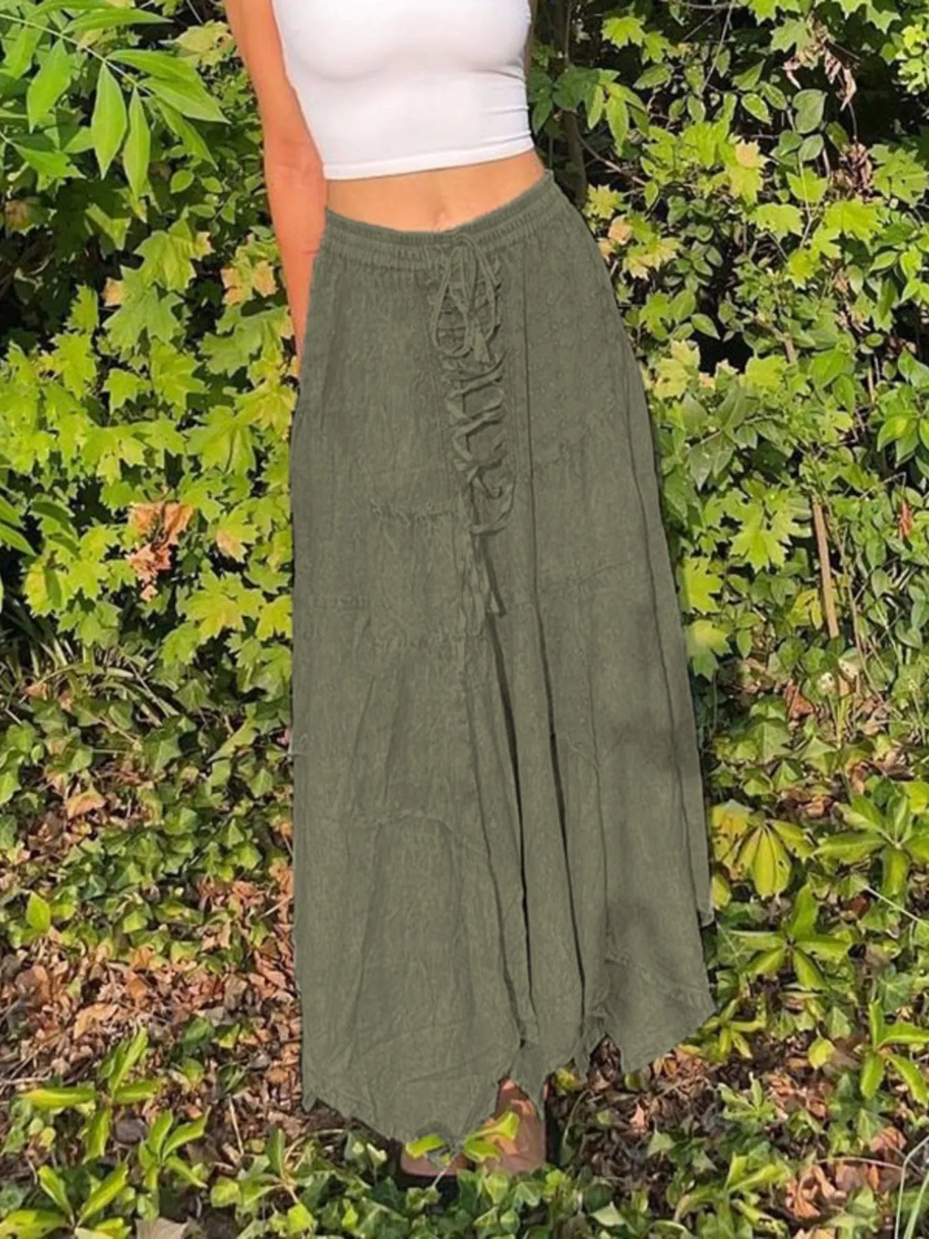 Asymmetrical Hem Midi Skirt with Drawstring Waist - adritiX