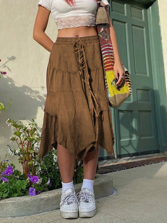 Asymmetrical Hem Midi Skirt with Drawstring Waist - adritiX