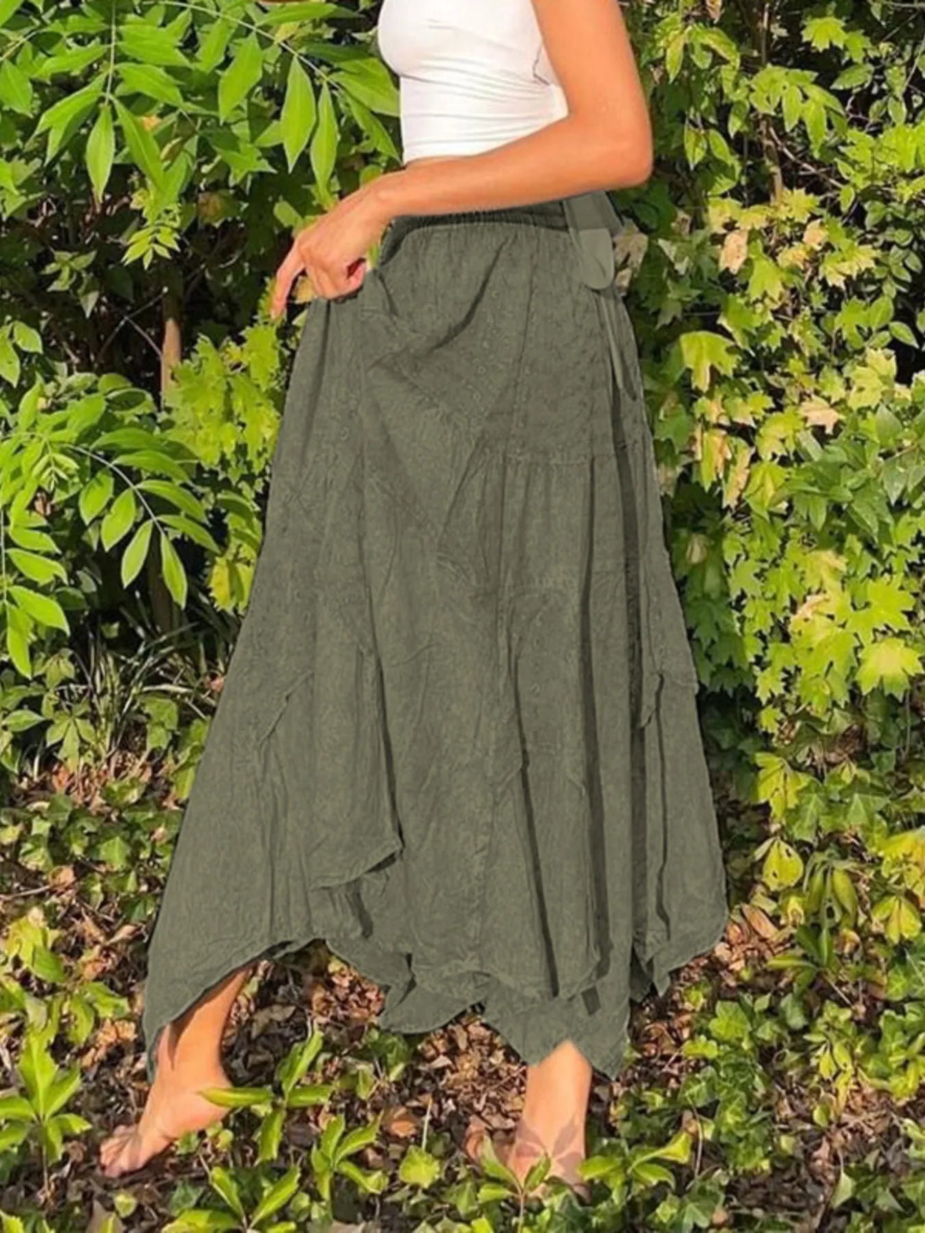 Asymmetrical Hem Midi Skirt with Drawstring Waist - adritiX