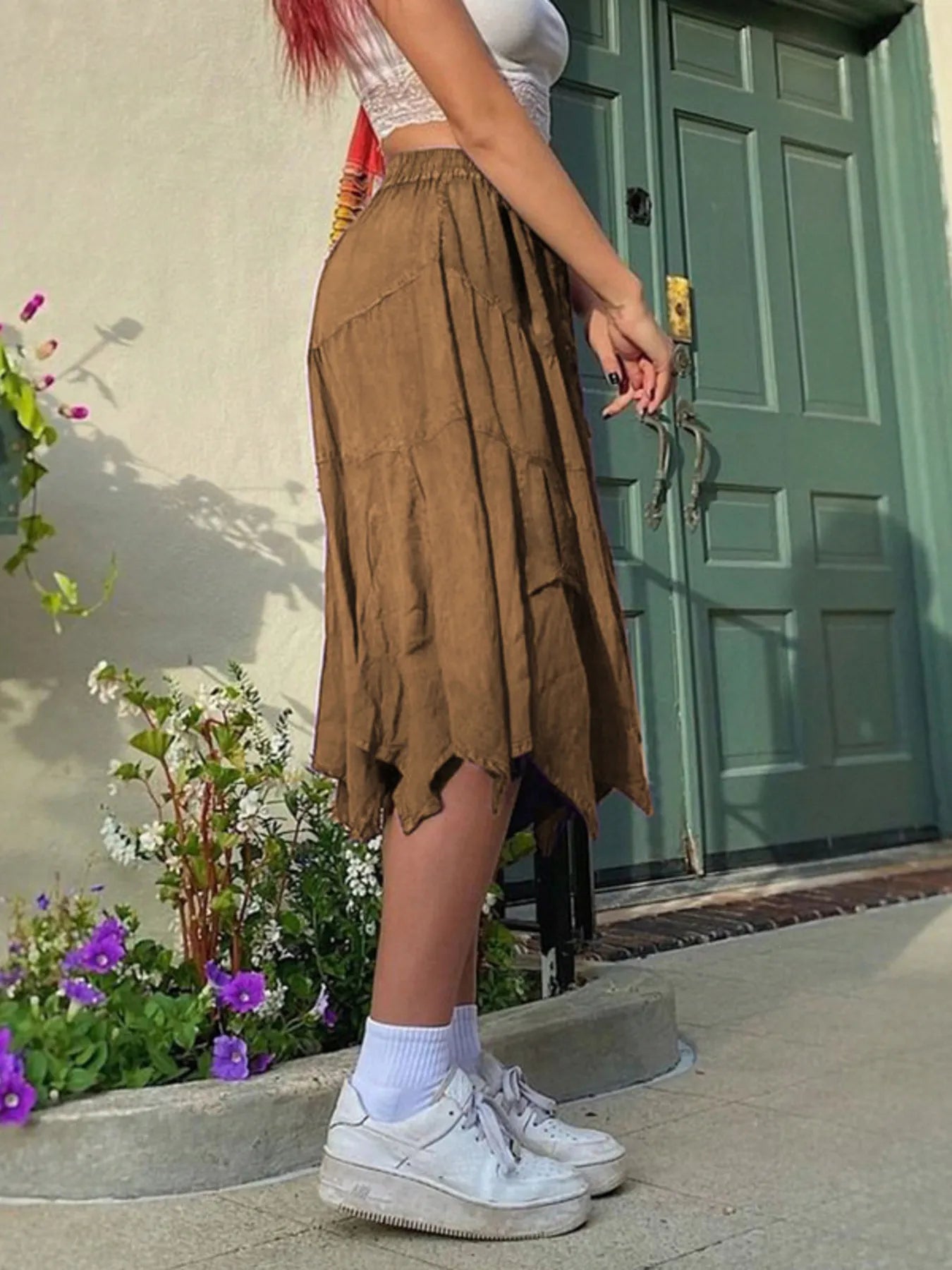Asymmetrical Hem Midi Skirt with Drawstring Waist - adritiX