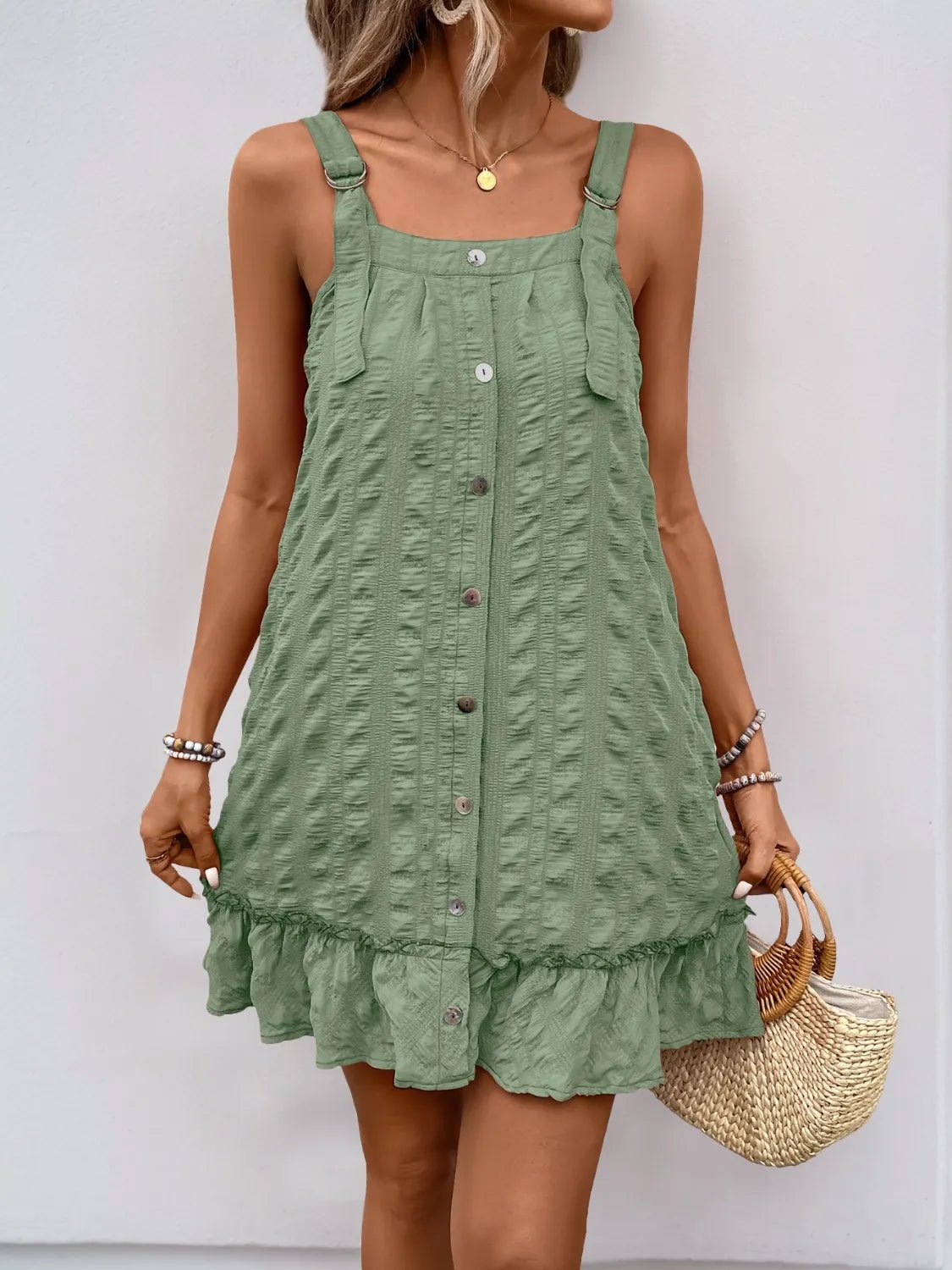 Ruffled Hem Adjustable Strap Square Neck Dress - adritiX