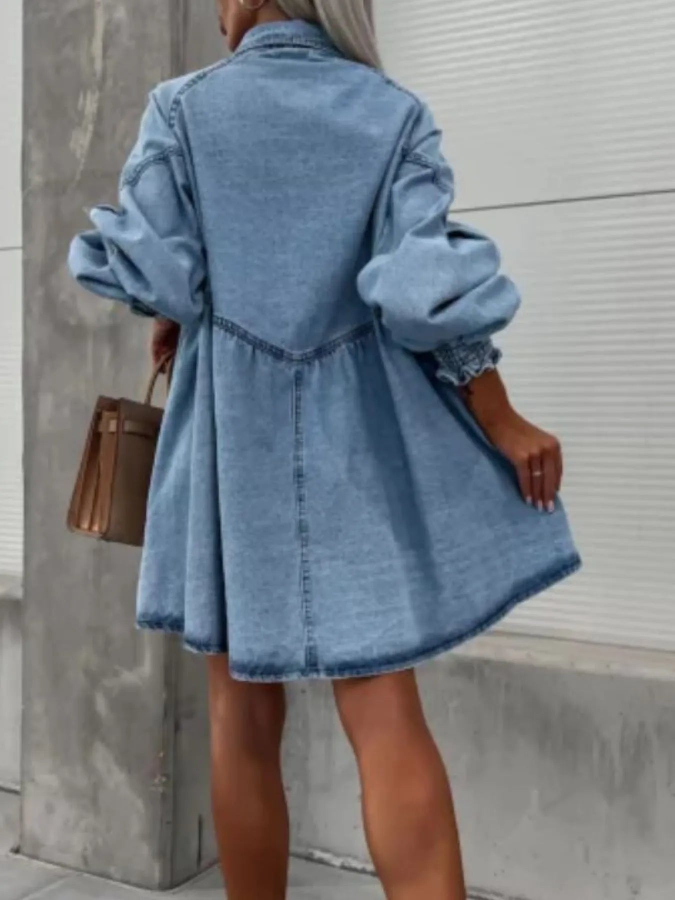 Oversized Long Sleeve Button-Up Denim Dress - adritiX