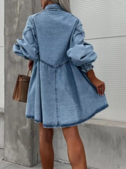 Oversized Long Sleeve Button-Up Denim Dress - adritiX