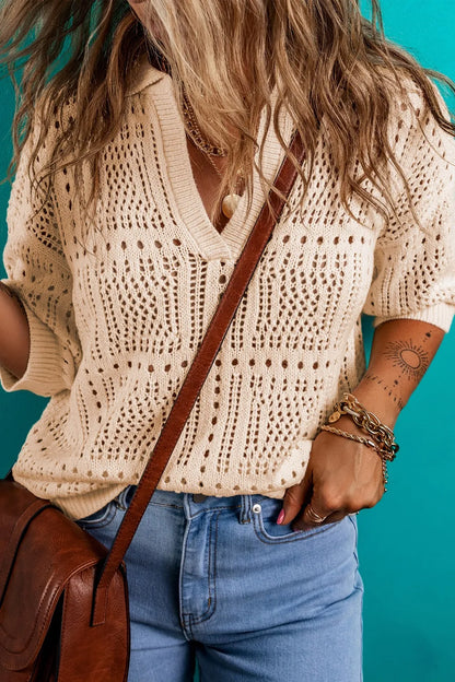 Openwork Johnny Collar Half Sleeve Knit Top - adritiX