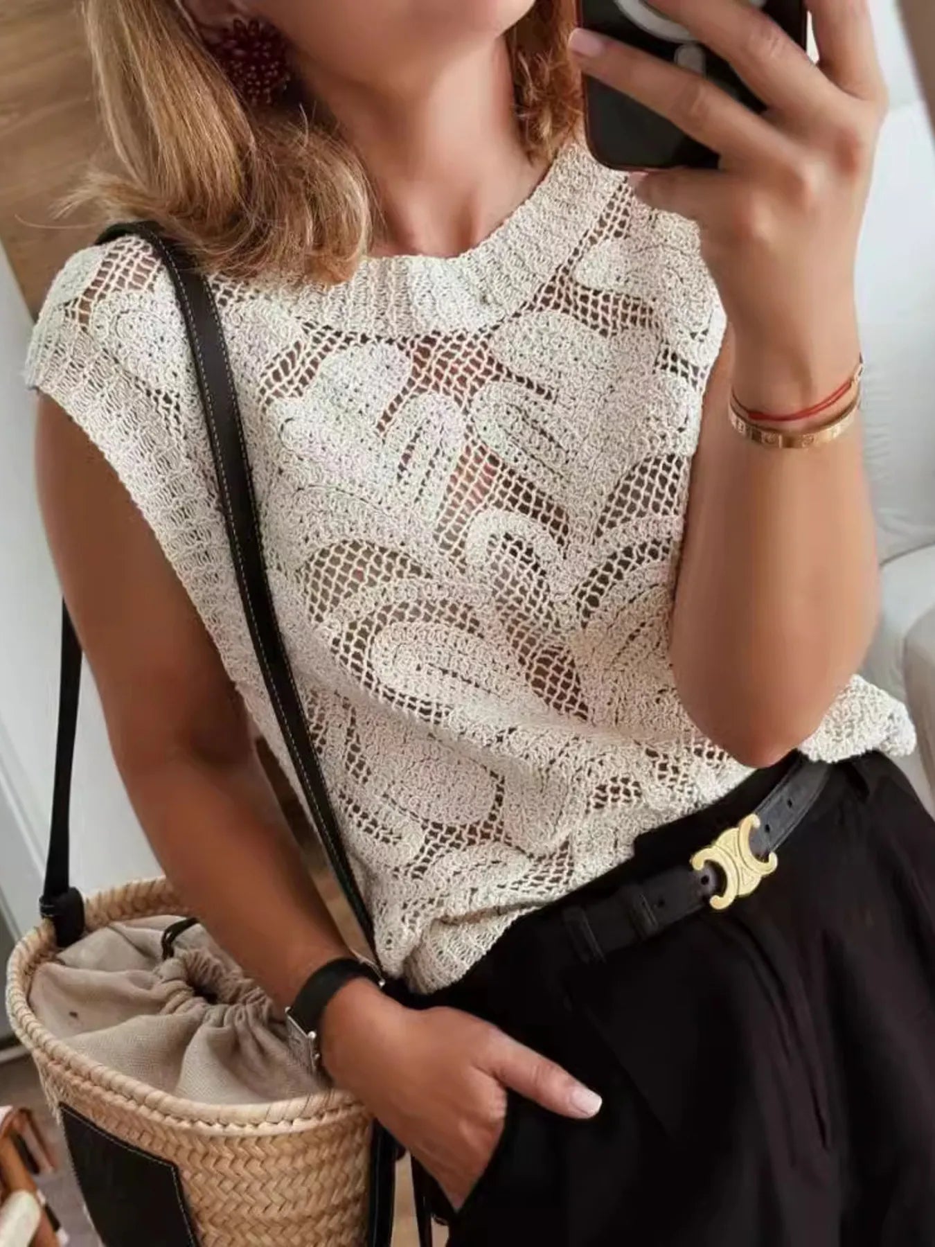 Lace Knit Sleeveless Sweater Vest - adritiX
