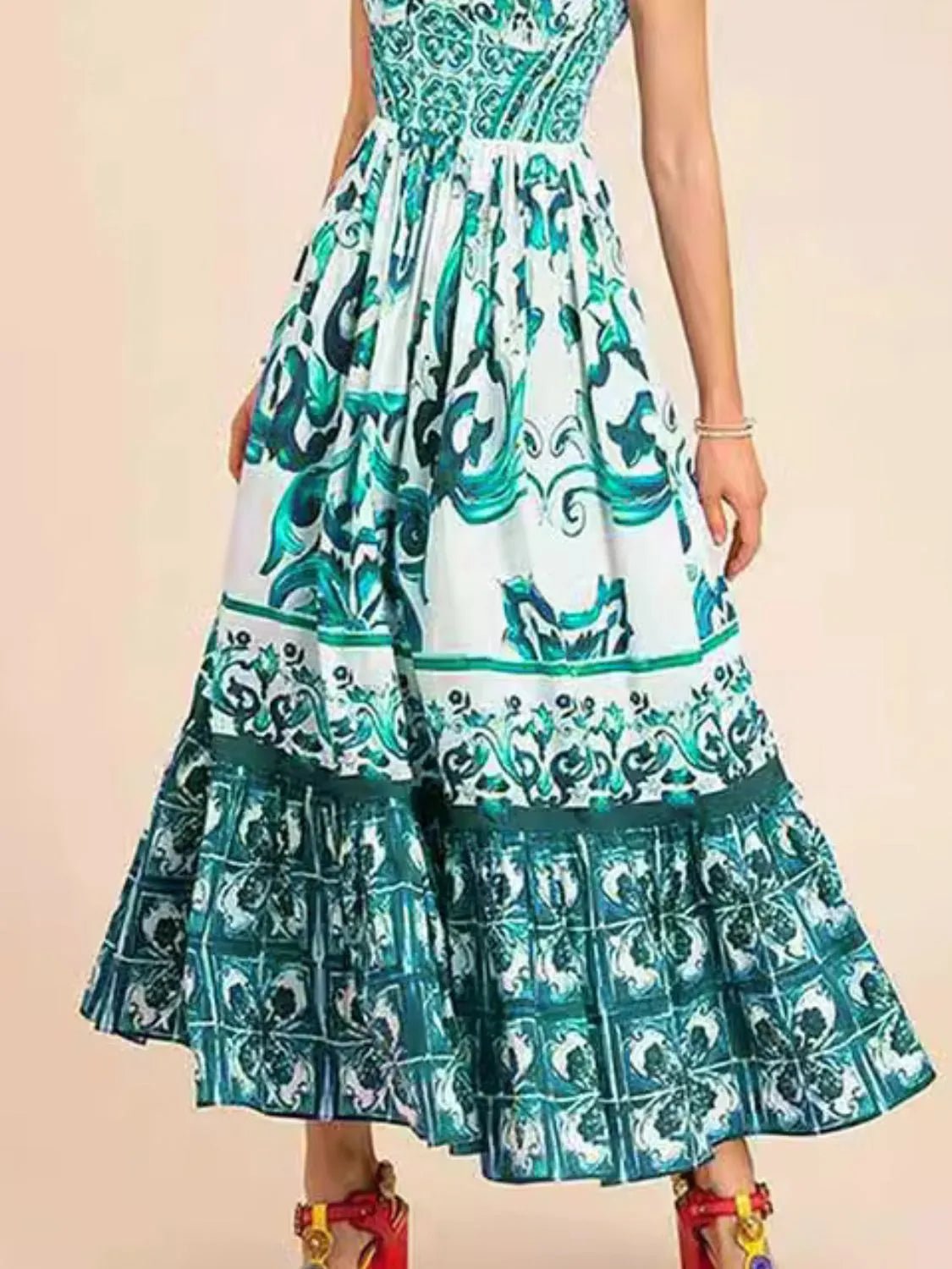 Smocked Printed Wide Strap Dress - adritiX