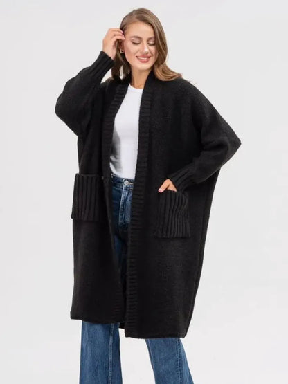 Pocketed Open Front Long Sleeve Longline Cardigan - adritiX