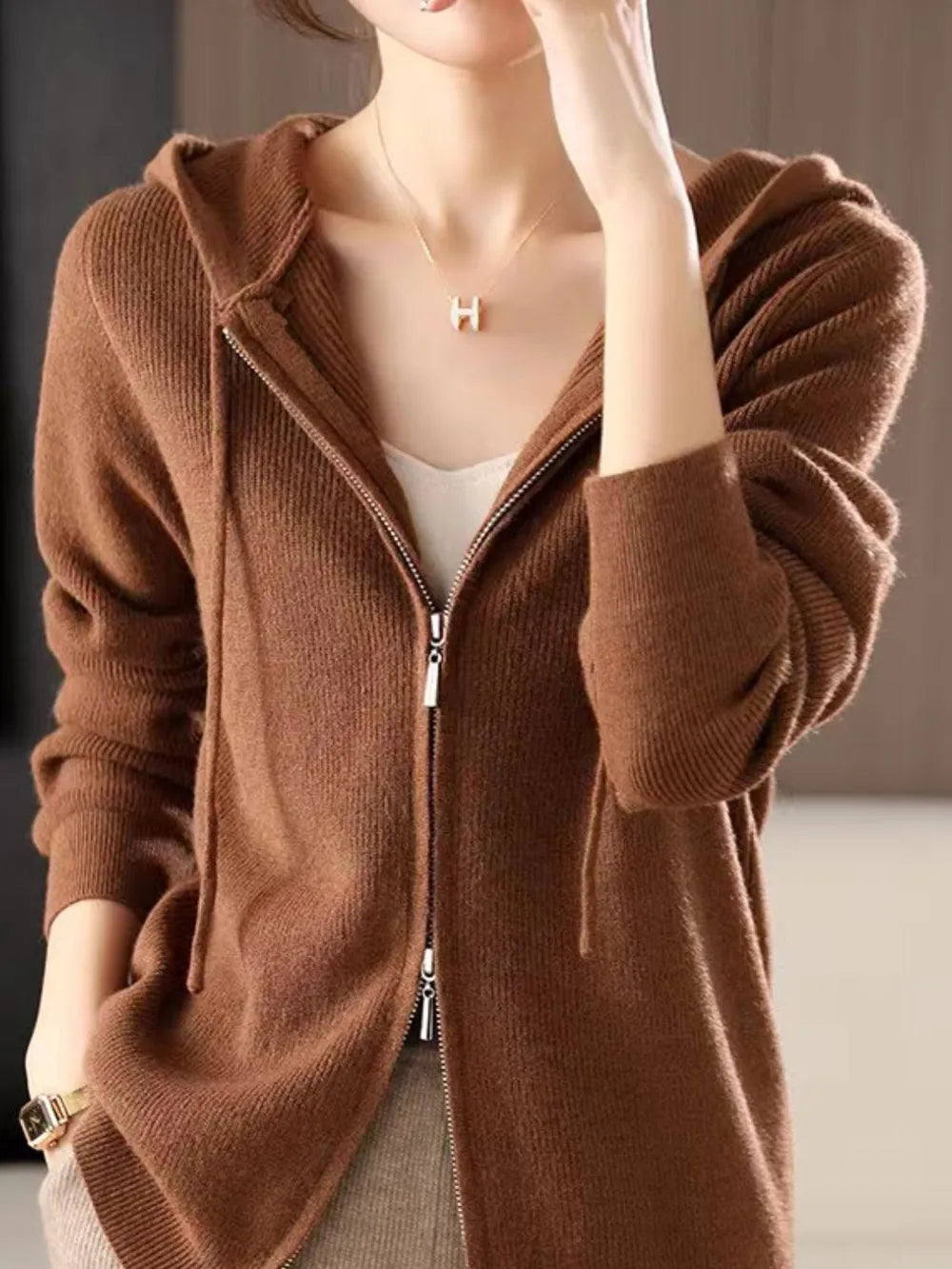 Drawstring Zip Up Long Sleeve Hooded Sweater - adritiX
