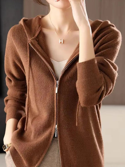 Drawstring Zip Up Long Sleeve Hooded Sweater - adritiX