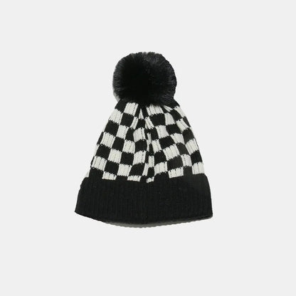 Checkered Knit Hat with Pompom - adritiX