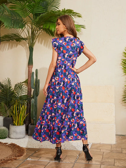 Floral V-Neck Cap Sleeve Summer Dress - adritiX