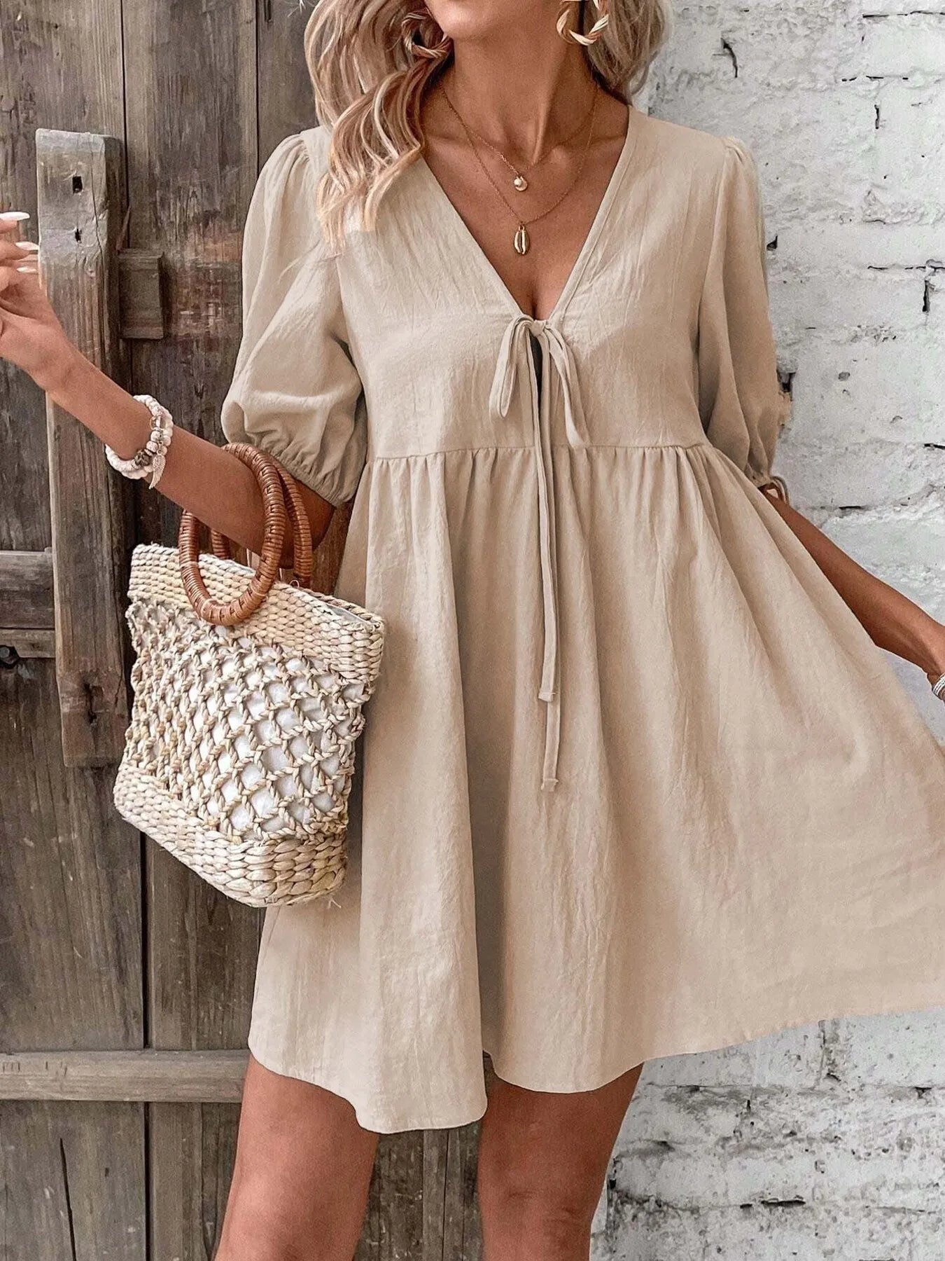 V-Neck Tie-Front Mini Dress with Puff Sleeves - adritiX