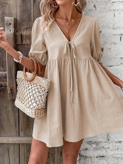 V-Neck Tie-Front Mini Dress with Puff Sleeves - adritiX