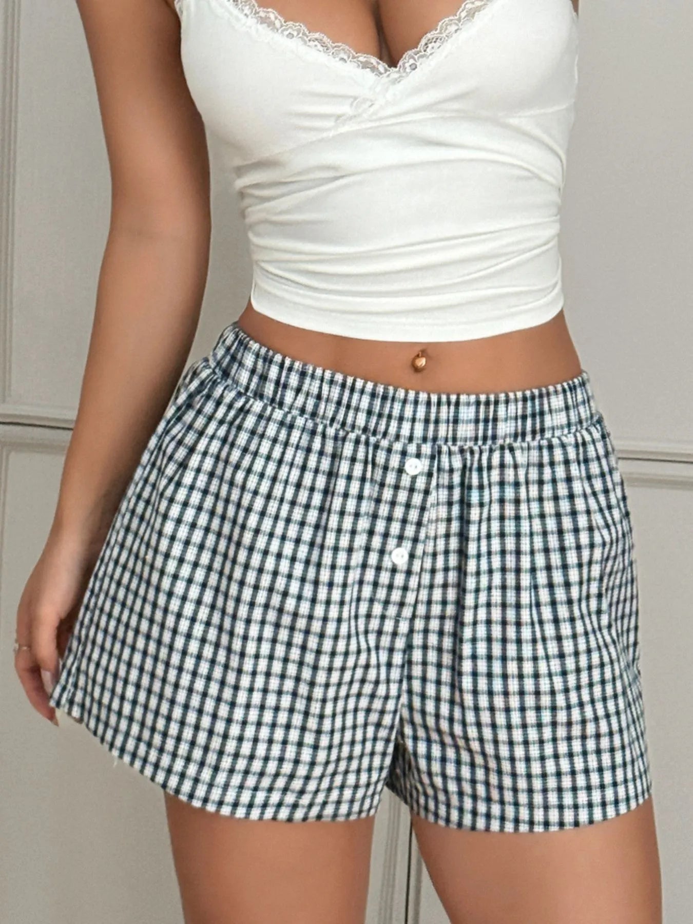 Gingham Mini Shorts with Elastic Waistband - adritiX