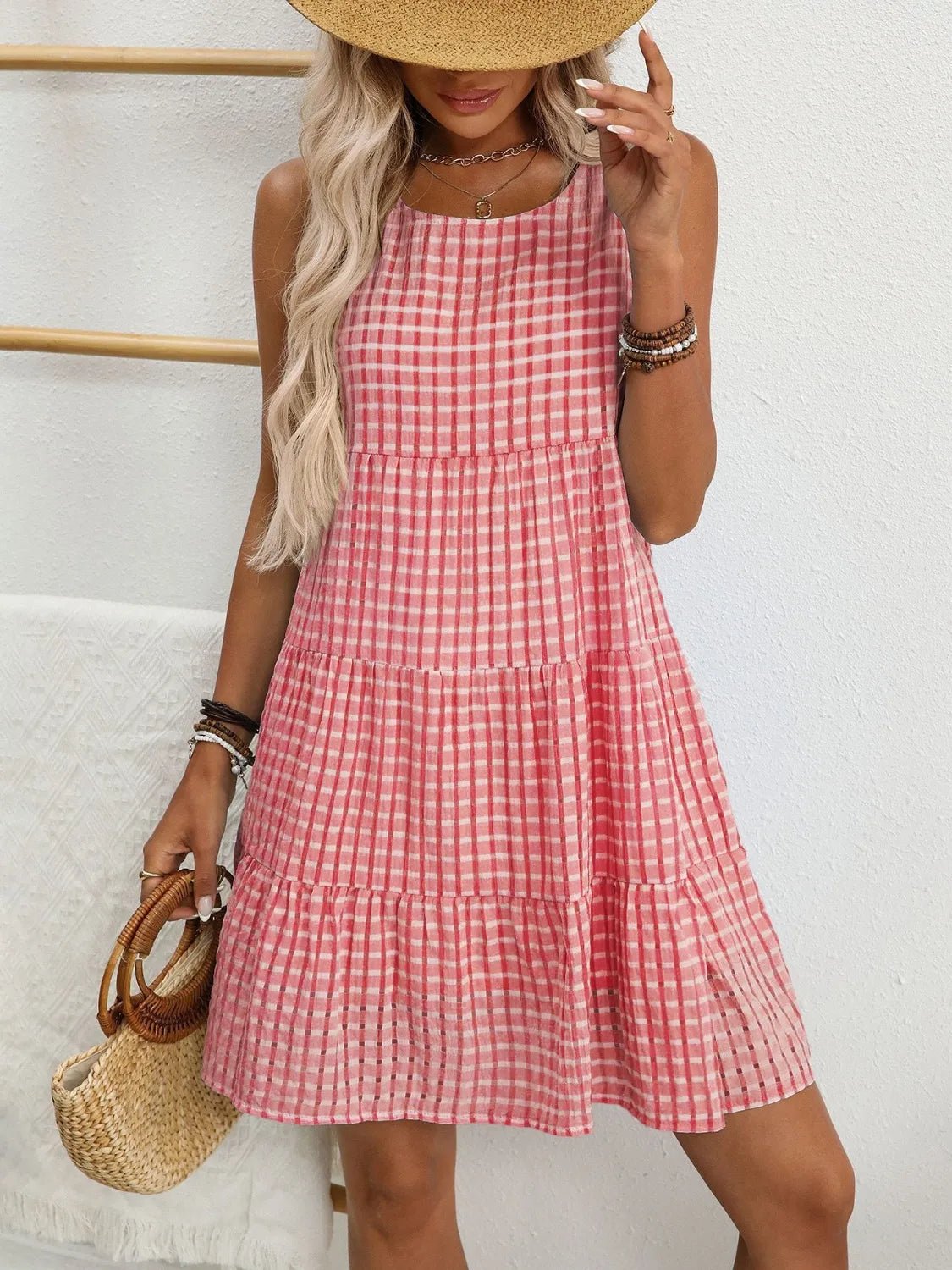 Plaid Round Neck Sleeveless Mini Dress - adritiX