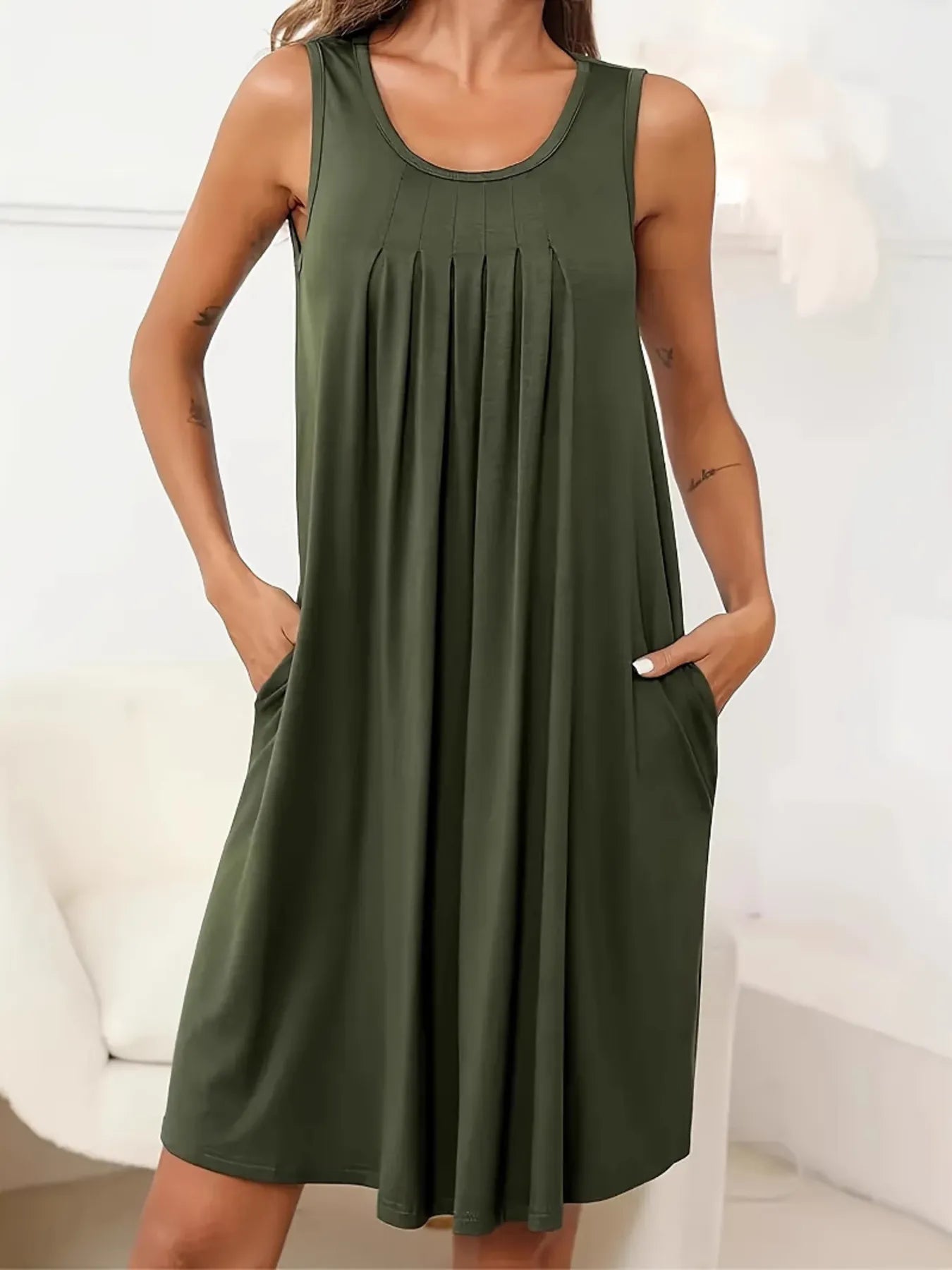 Flowy Pleated Tank Dress with Pockets - adritiX
