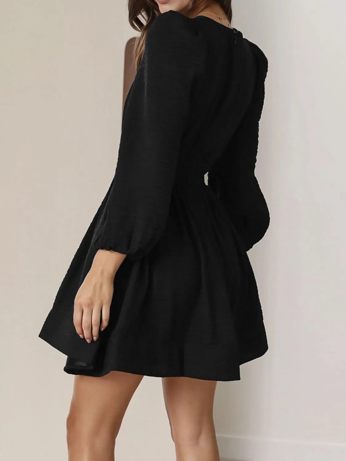 Ruched V-Neck Balloon Sleeve Mini Dress - adritiX