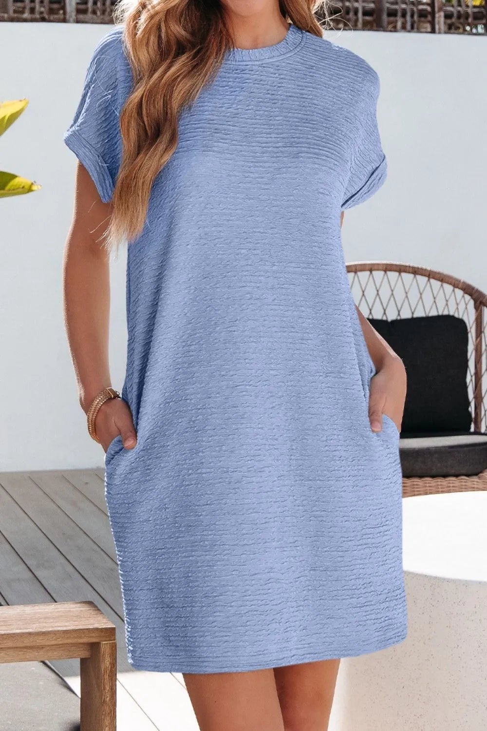 Solid Color Textured Crinkle Short Sleeve T Shirt Dress - adritiX
