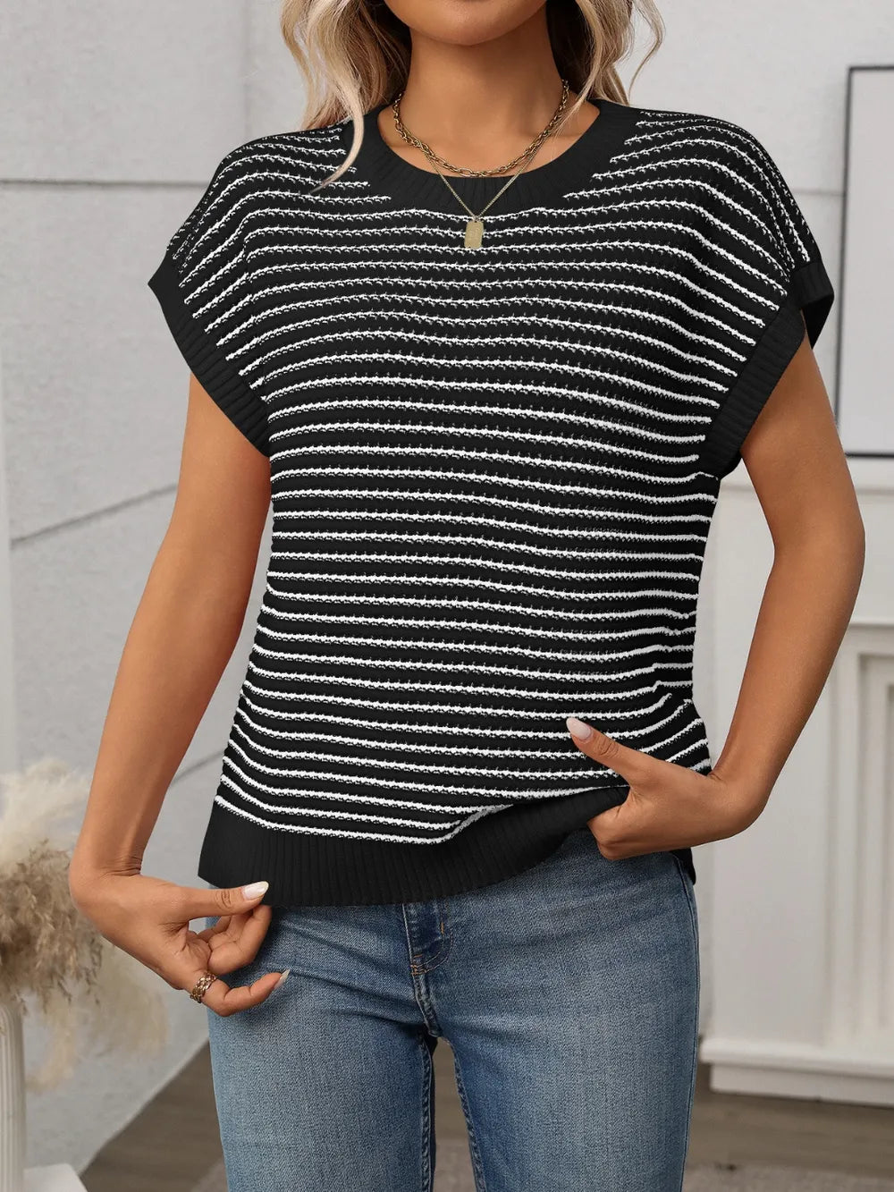 Striped Round Neck Short Sleeve Knit Top - adritiX