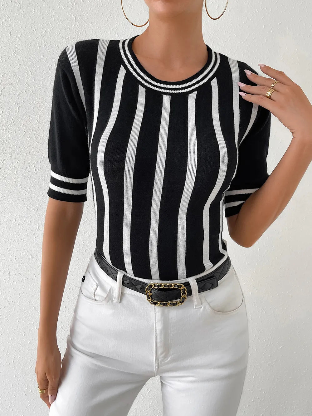 Striped Round Neck Half Sleeve Knit Top - adritiX