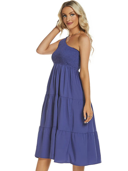 One-Shoulder Tiered Midi Dress with Smocked Bodice - adritiX