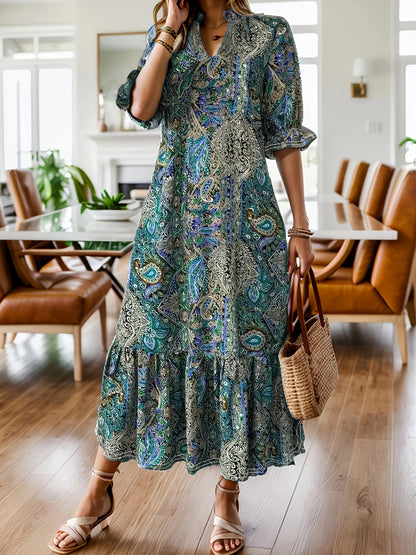 Full Size Bohemian Paisley Print Ruffle Hem Midi Dress Plus Size - adritiX