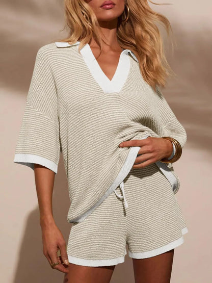 Collared Neck Contrast Striped Top and Shorts Sweater Set - adritiX