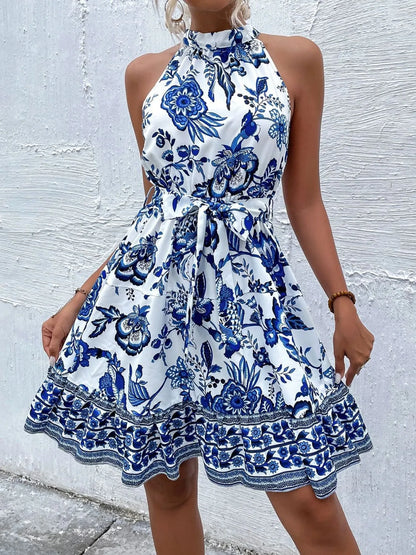 Floral Halter Neck Summer Dress with Belt - adritiX