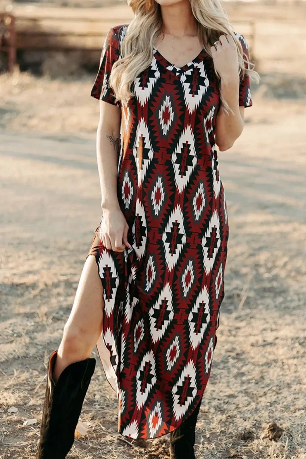 Aztec Print V-Neck Midi Dress - adritiX