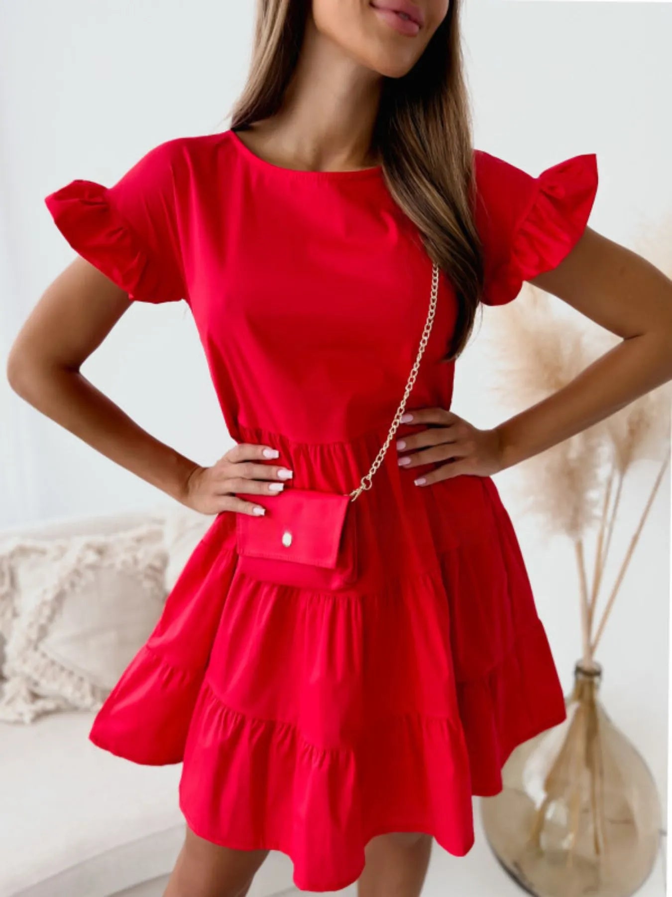 Ruffle Sleeve Tiered Swing Dress - adritiX