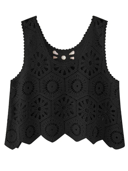 Openwork Round Neck Knit Vest - adritiX