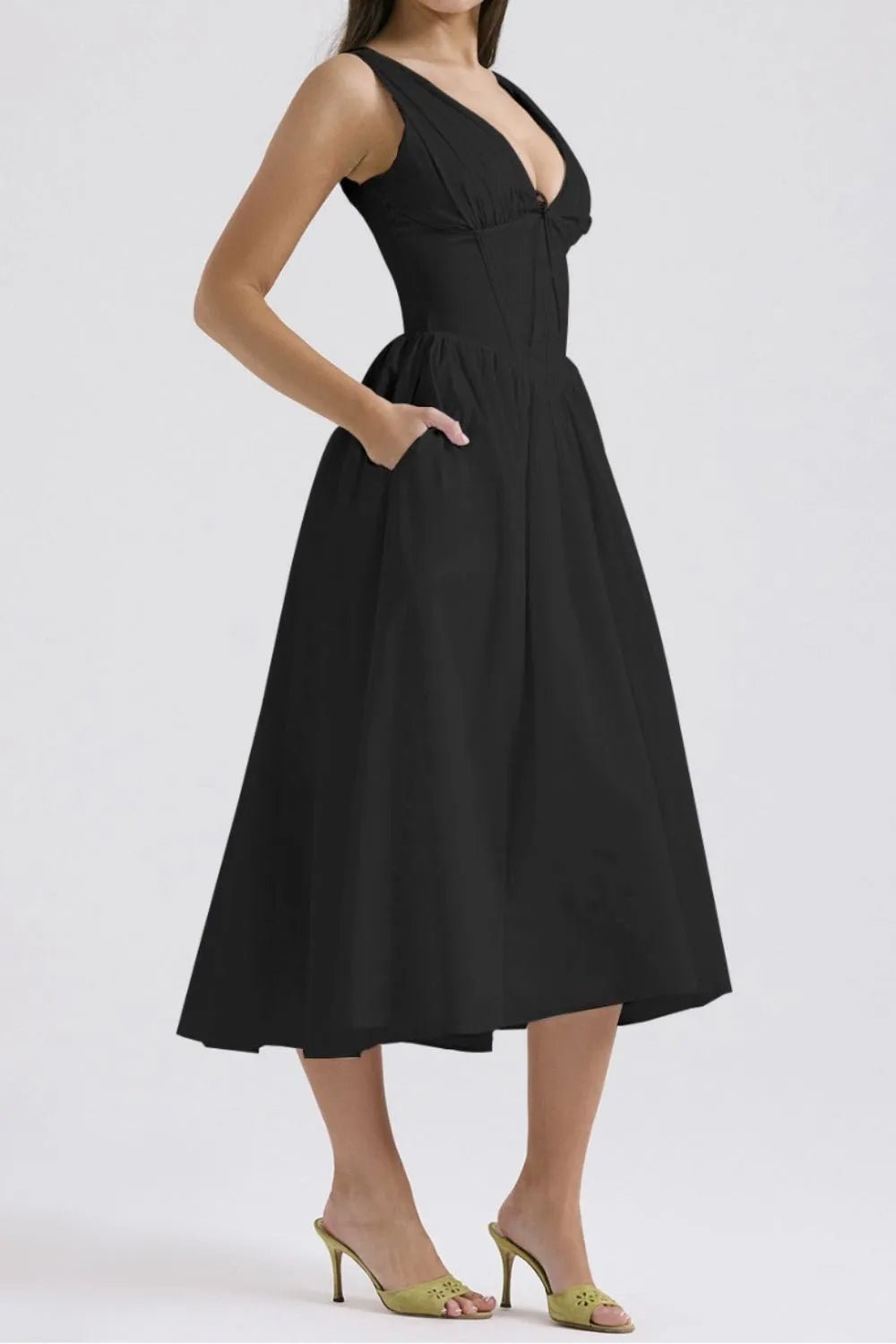 Chic & Sleek Ruched V-Neck Dress with Pockets – Effortless Style for Every Occasion - adritiX